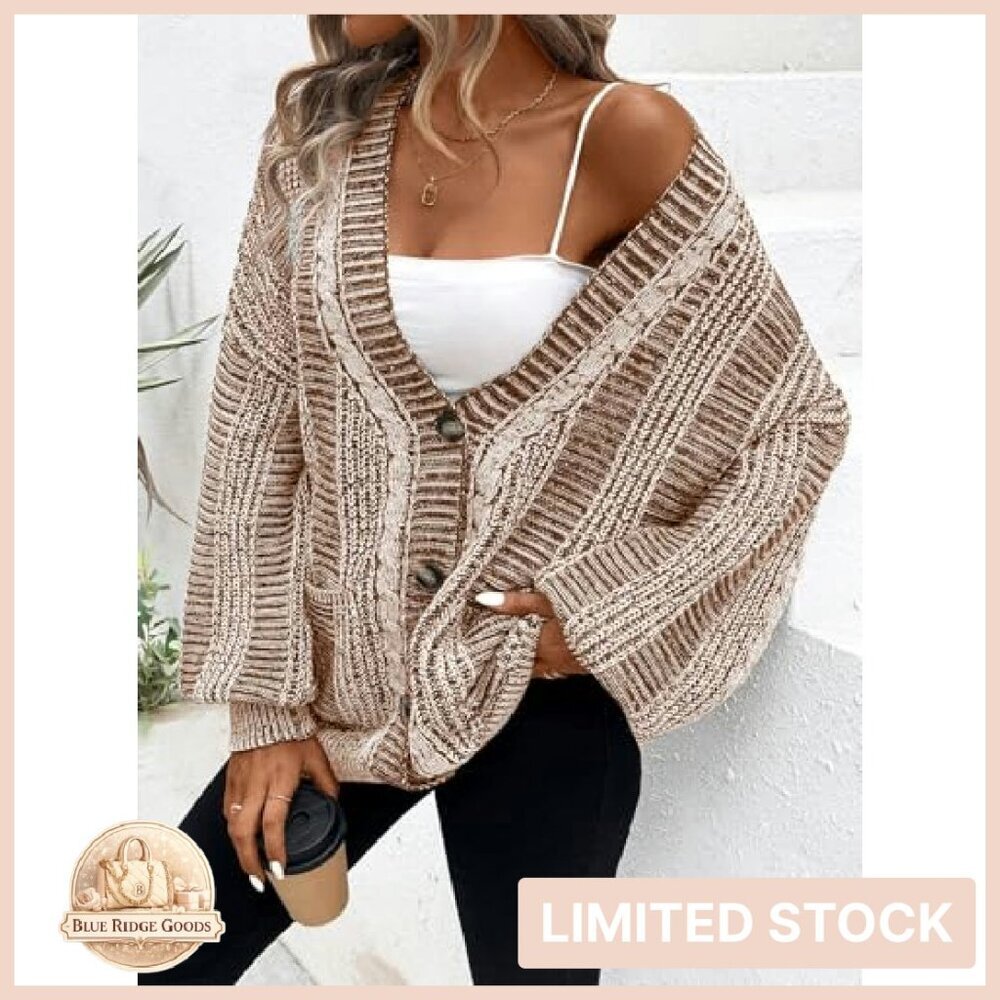 Oversized Cable Knit Cardigan Sweater Long Sleeve Vintage Chic Outerwear - Picture 4 of 8